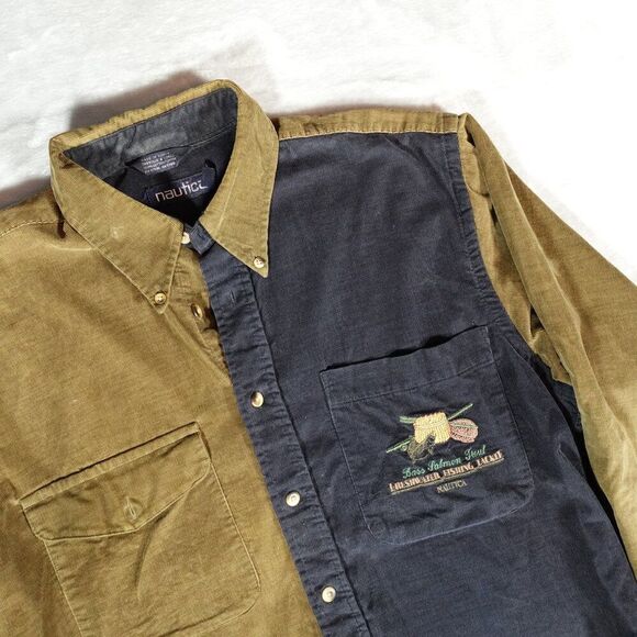 Vintage Nautica Corduroy Fisherman Button Shirt Mens M Oversized Two Tone - Picture 2 of 10